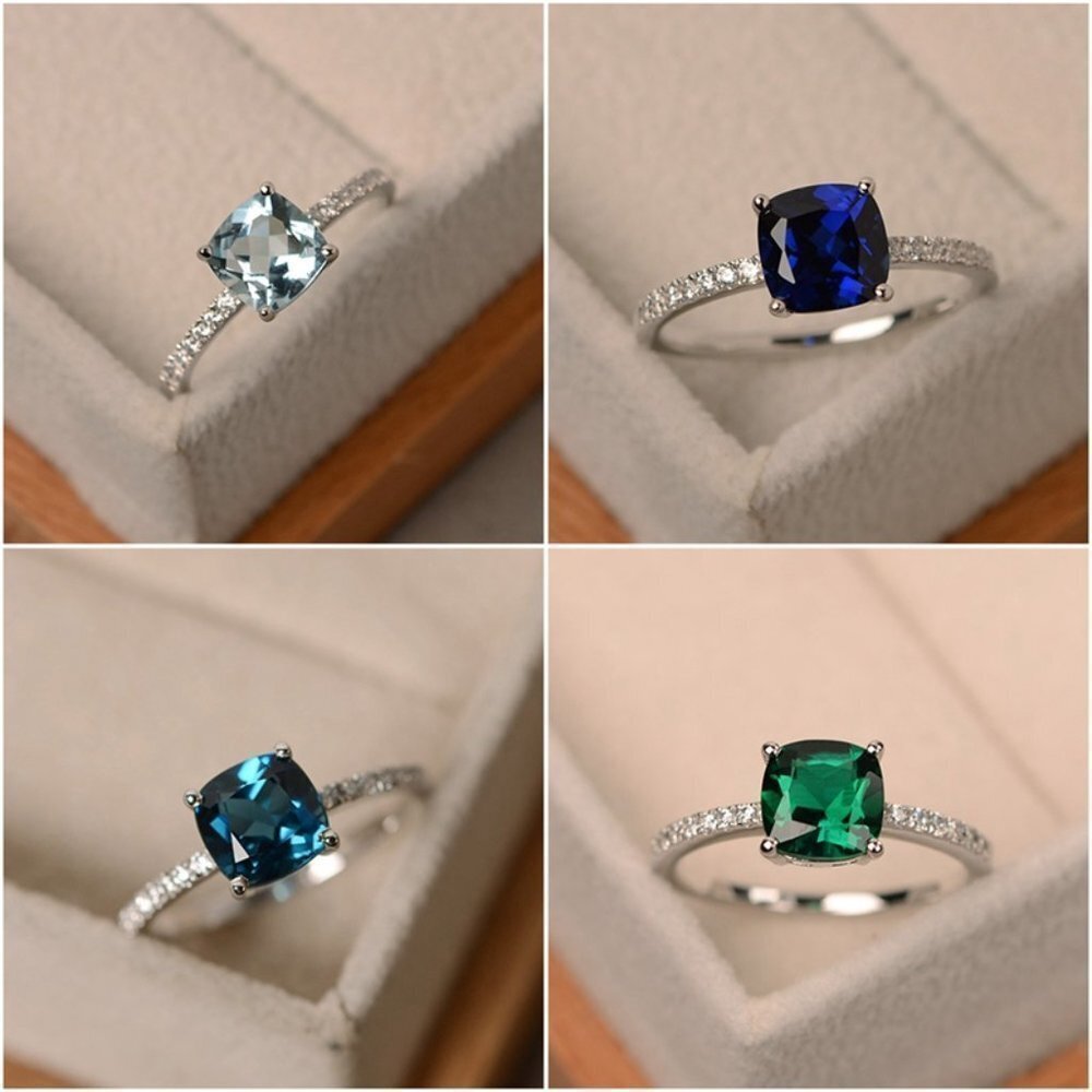 💞 Trendy Anillo Sea Blue Square Gemstone 925 Silver Ring for Women, VIP320 - Picture 4 of 4
